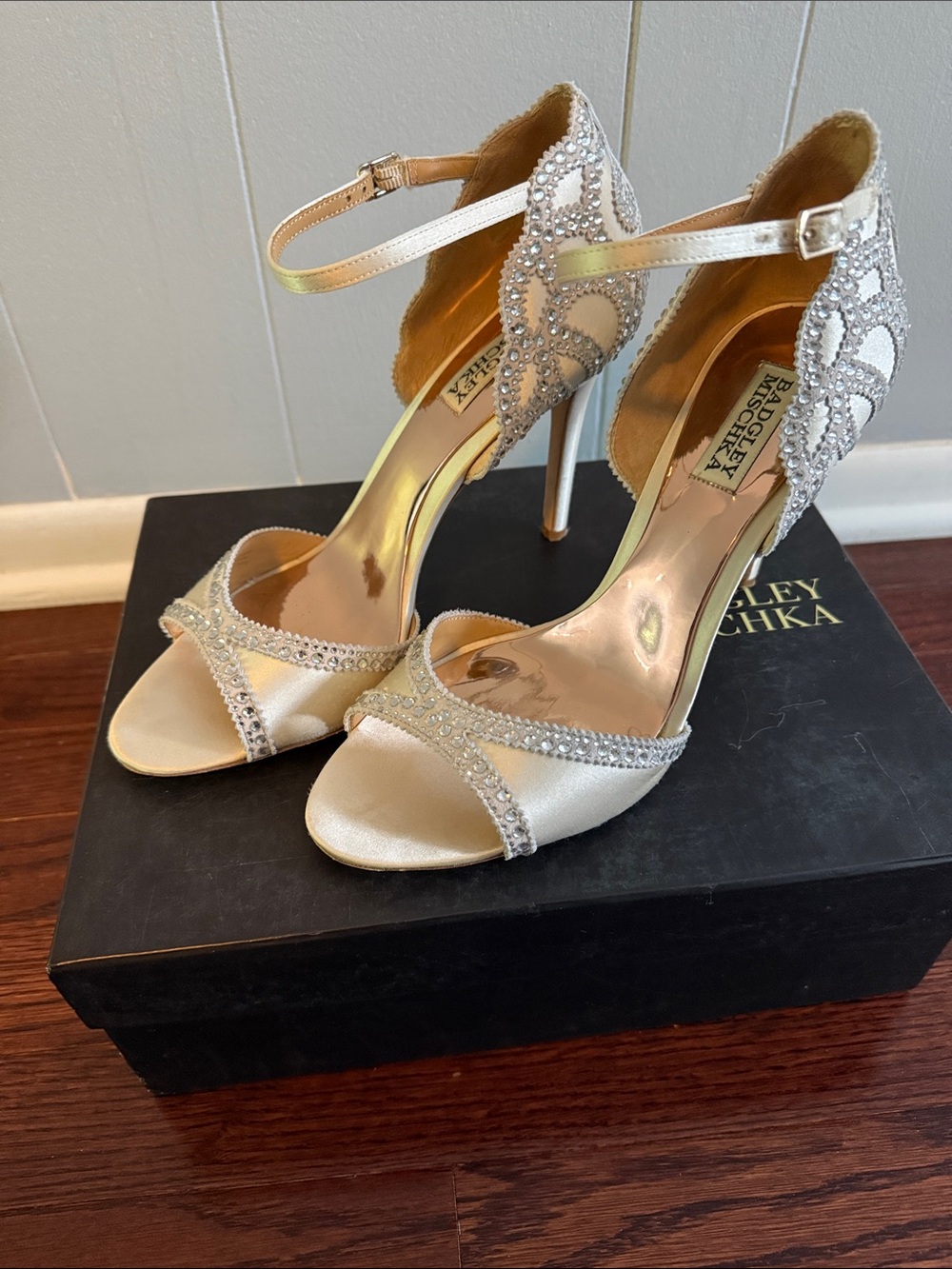 Badgley Mischka Ivory Satin Crystal Ankle-Strap Open-Toe Heels